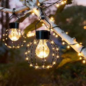 Hanging Solar Lantern Outdoor, 8.19" Large Solar Pendant Lights Outdoor Waterproof with Warm White Bulb&String LED Inside, Decor for Patio, Garden, Yard, Pergola, Christmas, Camping, 2 Pack Gift Set