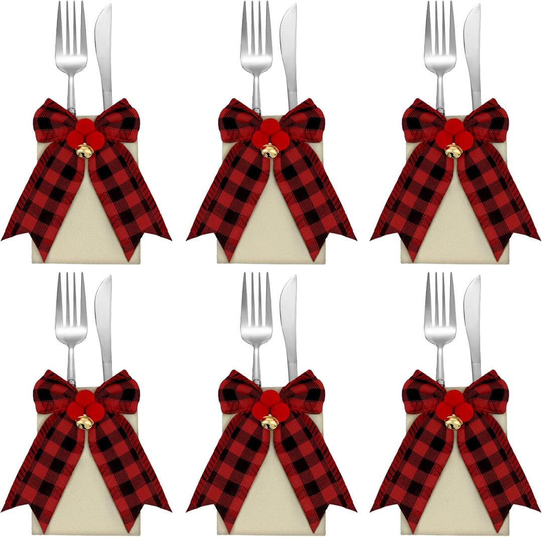 12 Pieces Christmas Silverware Holder Burlap Utensil Holder Xmas Tableware Holder Buffalo Plaid Cutlery Fork Bag for Christmas Party Dinner Tableware Decoration (Red and Black)