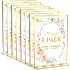 EHWINE 8 Pack Acrylic Sign Holder 8.5 x 11, Double-Sided Tabletop Gold Sign Holder, Clear Acrylic Picture Frame Menu Flyer Paper Holder Display Stand for Home Wedding Party (with Non-Slip Pads)