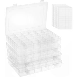 OUTUXED 4 Pack 36 Grids Plastic Bead Organizer Box with Dividers, Clear Craft Tackle Box Parts Storage Containers with Compartments for Jewelry Fishing Tackle Art DIY with 5 Sheets Label Stickers