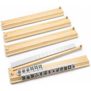 Mahjong Racks with Pushers Set of 4 for American Mahjong, 21 Inch Wooden Tile Holders with Metal Handles and Side Stoppers, Gift for Women, Seniors, Family Game Nights