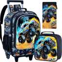3PCS Truck Rolling Backpack for Boys, Kids Roller Bookbag with Wheels, Car Wheeled School Backpack for Elementary Preschool Kindergarten(Black)