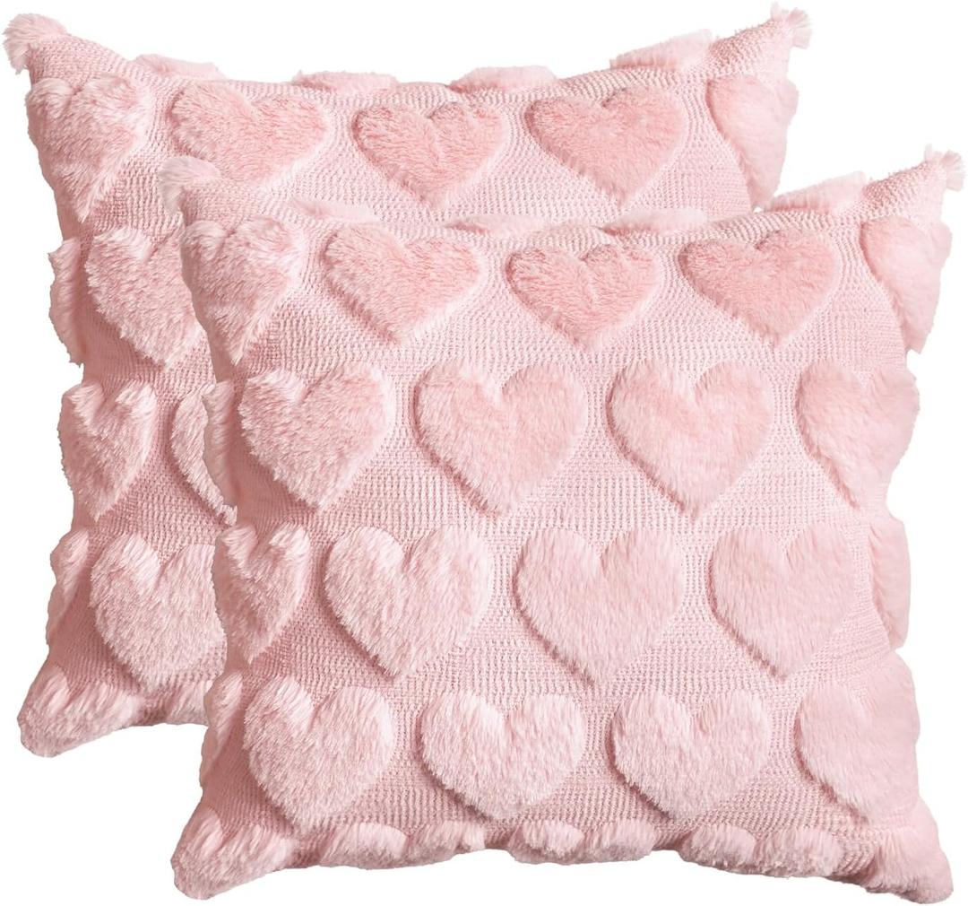 AVOIN colorlife Valentine's Day Love Heart Pink Throw Pillow Covers Set of 2, 20 x 20 Inch Anniversary Wedding Home Decor Soft Plush Faux Fur Jacquard Cushion Case for Sofa Couch