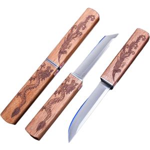 Professional Steak Knive Set, 2Pcs Unique Sharp Steak Knives with Pairing Bamboo Knife Sheath, Camping Fruit Knife Set for Chefs Meat Bbq Outdoor