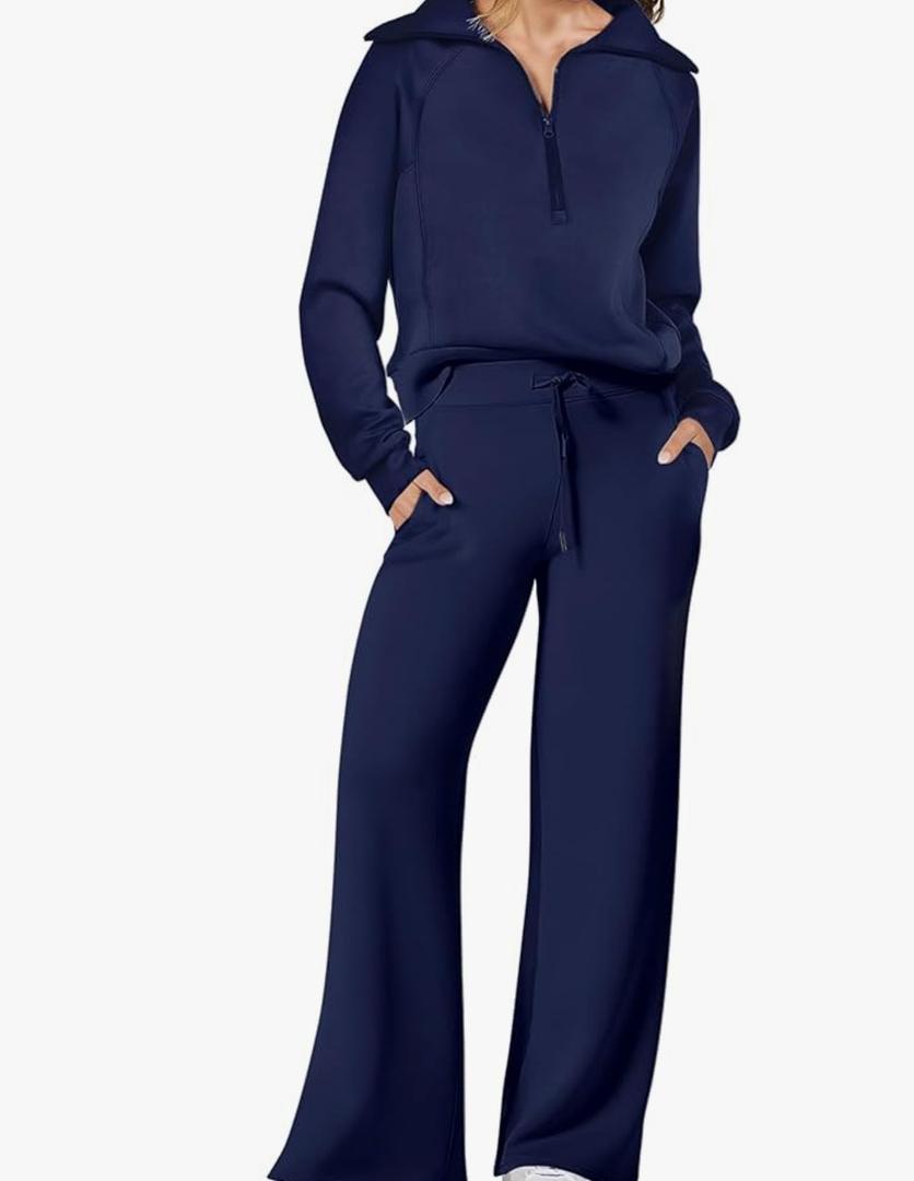 ANRABESS Women 2 Piece Outfits 2025 Fall Fashion Airport Wide Leg Pants Lounge Set Leisure Travel Vacation Clothes Sweatsuits, Size L