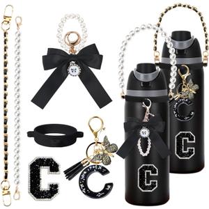 6Pcs Letter Accessories for Owala Water Bottle 24oz 32oz 40oz, with Cute Initial Charm and Handle Strap, Compatible with Owala Free Sip, Kids Bottle,Stanley Cup Accessories (Black)