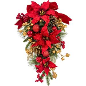 Svndlyn Christmas Swag Pre-Lit Artificial Christmas Teardrop with Red Poinsettia Flower Golden Pine Cones Berries and Ball Ornaments Holiday Winter Decorations for Door Wall Mantel