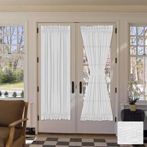 H.VERSAILTEX Linen French Door Curtains Privacy Light Reducing Door Curtain with Tieback | Rod Pocket Curtain Sheer 1 Panel for Glass Door Feature Open Weave Textured Linen - 52" W x 72" L - White