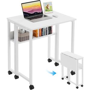 GreenForest Folding Desk with Wheels and Storage Shelf, 24.8 Inch Compact Portable Rolling Desk for Small Spaces, Mobile Foldable Computer Table, Easy Assembly, Pure White