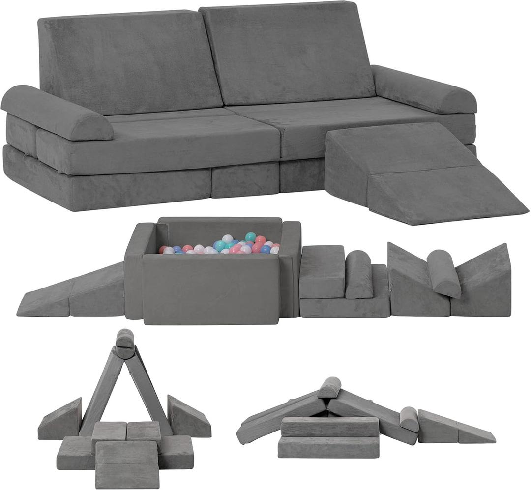 Kids Couch Toddler Sofa, Modular Kids Play Couch, Convertible Foam Climbing Sofa for Toddlers, Foam Climbing Blocks for Boys and Girls (Grey)