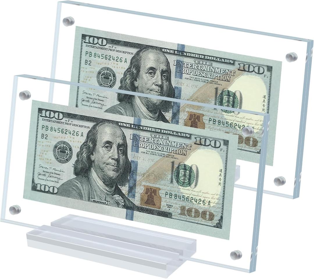 2Pcs Dollar Bill Frame Display Acrylic Dollar Bill Holder for Collectors Currency Frame Display Case Double-Sided Transparent Ticket Banknotes Stamp Photo Protector(Transparent-2)