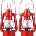 Hortsun 2 Pcs 8 Inch Vintage LED Hurricane Lantern Metal Red Outdoor Battery Operated Hanging Lantern with Warm LEDs and Dimmer Switch for Halloween Christmas Indoor Rustic Farmhouse Camping Decor