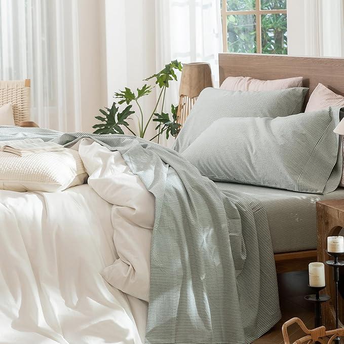 MooMee Striped Sheet Set 100% Washed Cotton Linen Like Textured Breathable Durable Soft Comfy (Heathered Green Classic Stripes 80x90 Inch)