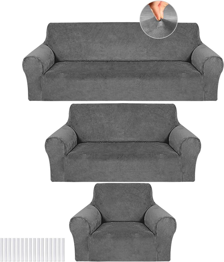 Peryiter 3 Pcs Couch and Loveseat Sofa Covers,Dark Gray,Velvet