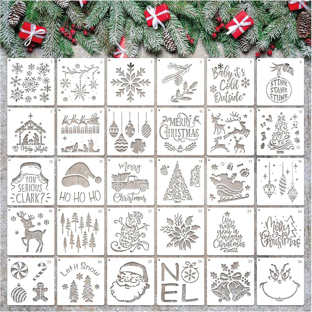 3 x Christmas Stencils for Crafts Reusable Christmas Holiday Winter Stencil for Painting on Wood Glass Wall Furniture DIY Ornament Cookie Door Hanger Sign (Merry30)