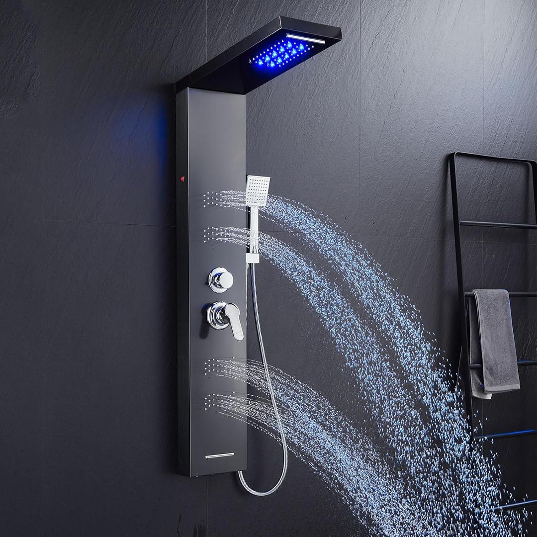 Stainless Steel Shower Panel Tower System with LED Lights, 5 in 1 Shower Panel with Rainfall Waterfall Shower Head, Body Spray, Handheld Shower, Tub Spout (Black)
