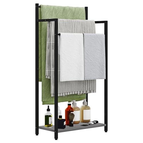 yeavs Freestanding Towel Rack, 3 Tier Blanket Ladder Stand with Oak Grey Wooden Shelf for Bathroom Living Room (31.5”H x 16.9”W x7.9”D)