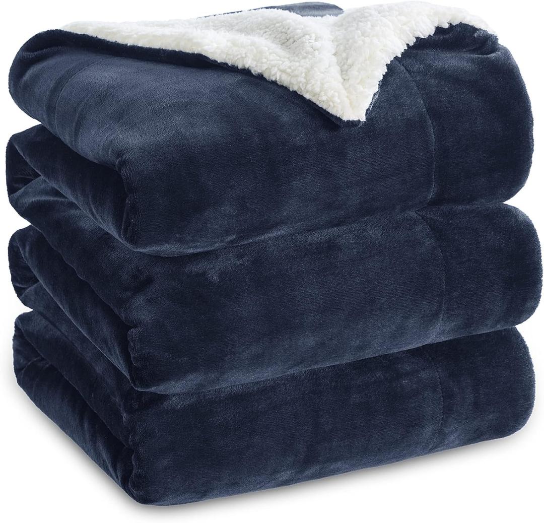 Bedsure GentleSoft Sherpa Fleece Blanket Queen Size for Bed, Non-Heated, Thick and Warm Throw for Women and Men, Soft Fuzzy Plush Queen Blanket for Winter, Navy, 90x90 Inches