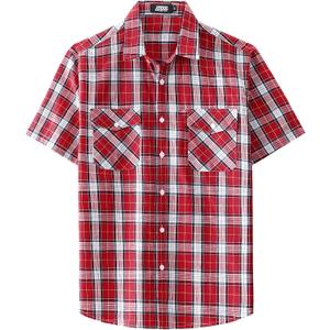 JOGAL Mens Plaid Button Down Shirts Mens Short Sleeve Western Shirts Two Pocket Regular Fit Mens Button Up Casual Shirts (Red, XXL)