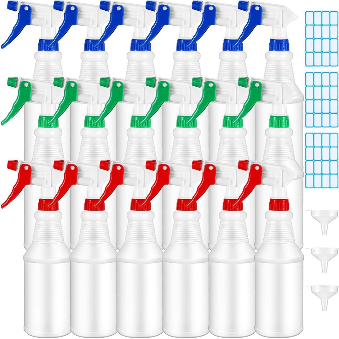 18 Pcs 16 Oz Plastic Spray Bottle Bulk Empty Refillable Spray Bottles for Cleaning Solution Leak Proof Water Sprayer with Adjustable Nozzle Mist/Stream Mode(Red, Blue, Green)
