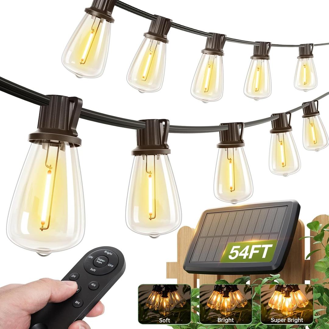 addlon 54(48+6) FT Solar String Lights Waterproof, Patio Lights Solar Powered with Remote & USB Port 15+1 LED Shatterproof Bulbs 3 Light Modes, Dimmable Solar Light for Camping Backyard Garden