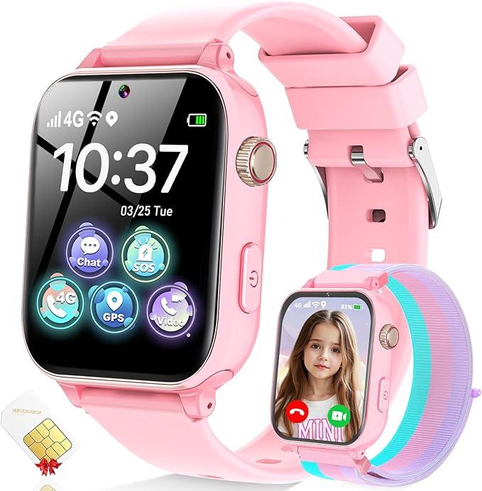 4G Kids Smart Watch for Boys Girls, Kid Watch Phone Ages 4-12 with Call, GPS, SOS, Video Call, Games, Camera, Alarm, Touchscreen Smartwatch for Children Birthday Gift (Includes SIM Card), Violet