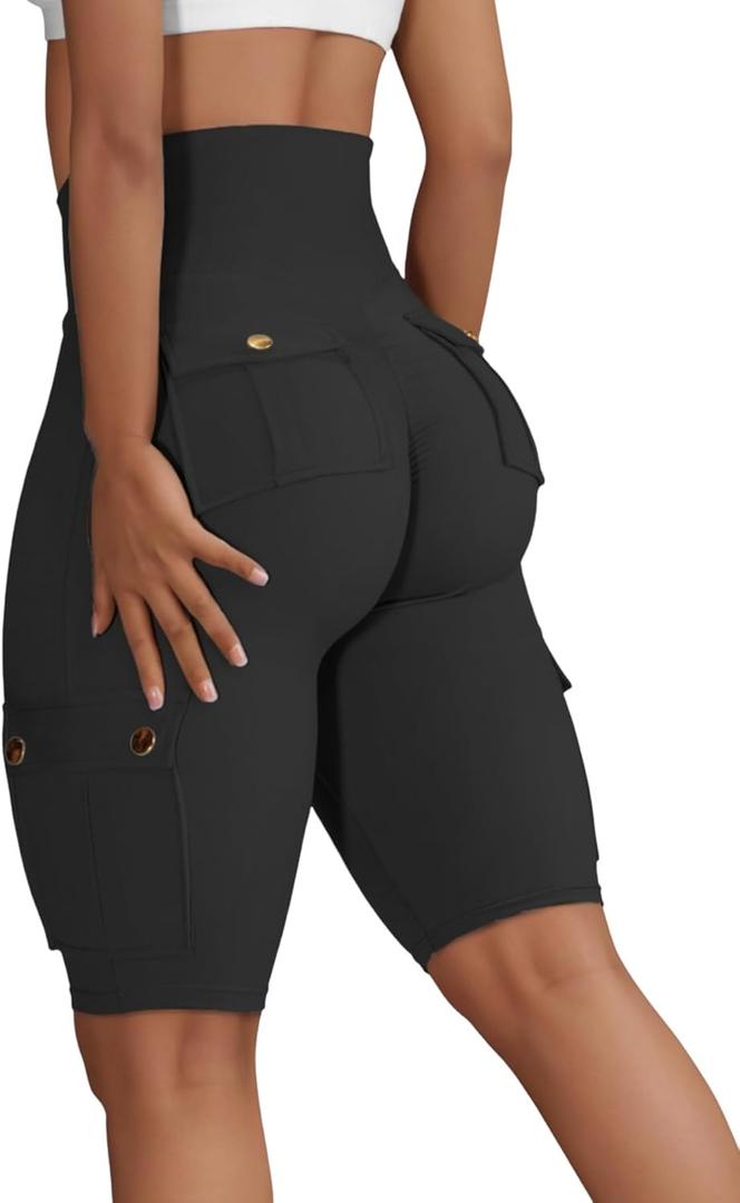 Wavar Biker Shorts for Women Scrunch Butt Cargo Shorts High Waist Tummy Control Workout Yoga Running Athletic Shorts (Small, Black)