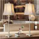 LuxSight European Country Vintage Style Candle Stick Buffet Table Lamps Set of 2, 33'' Tall Ivory White Linen Fabric Soft Bell Shade Stepless Dimming for Living Room Bedroom Dinning House Study Room (Cream)