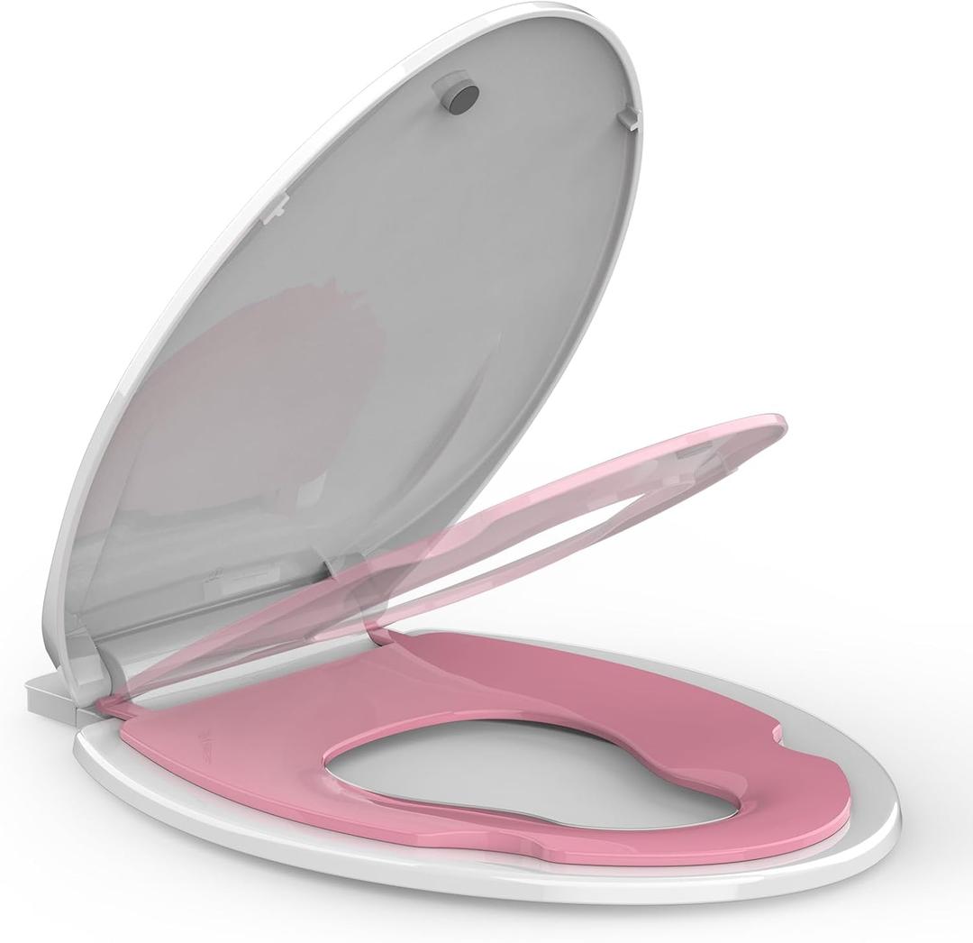 Toilet Seat Elongated,Toilet Seat with Toddler Seat Built in, Potty Training Toilet Seat Elongated Fits Both Adult and Child, with Soft Close, Easy Install and Clean - Elongated White and Pink