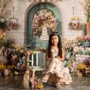 Kate Easter Photo Backdrops White Brick Wall Rabbit Eggs Background Door Party Banner Props, 7x5ft