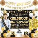 Roetyce 18th Birthday Decorations Boys Girls, Black Gold Happy 18th Birthday Banner Sash Balloons Centerpieces Cake Topper, Childhood Has Expired 18 Years Old Party Supplies Photo Backdrop Background