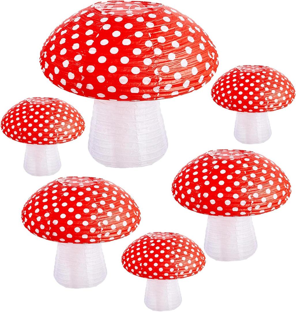 Mushroom Paper Lanterns 6 Pcs Mushroom Hanging Paper Lanterns 3 Size Paper Lantern Bedroom for Alice in Wonderland Themed Birthday Baby Shower Fairy Theme Party Decorations (Red)