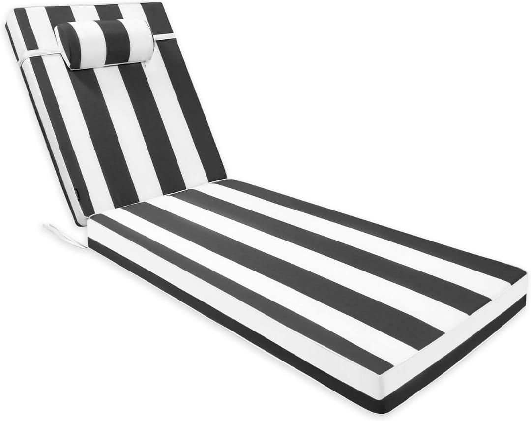 Chaise Lounge Cushion for Outdoor Furniture, Waterproof, Fade-Resistant and Tear Resistant, Patio Lounger Pads with Removable Cover for Pool, Deck, Lawn, 72x21x4 Inch, Black & White Stripe