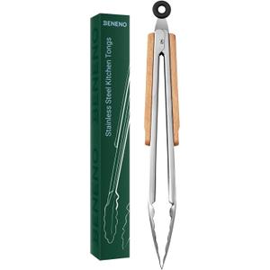 Beneno 12-Inch Stainless Steel Kitchen Tongs for Cooking with Heat-Insulating Wooden Grip Handle, Heavy Duty Heat-Resistant Metal Locking Tongs with Strong Scalloped Tips for Cooking, BBQ, Grab Food