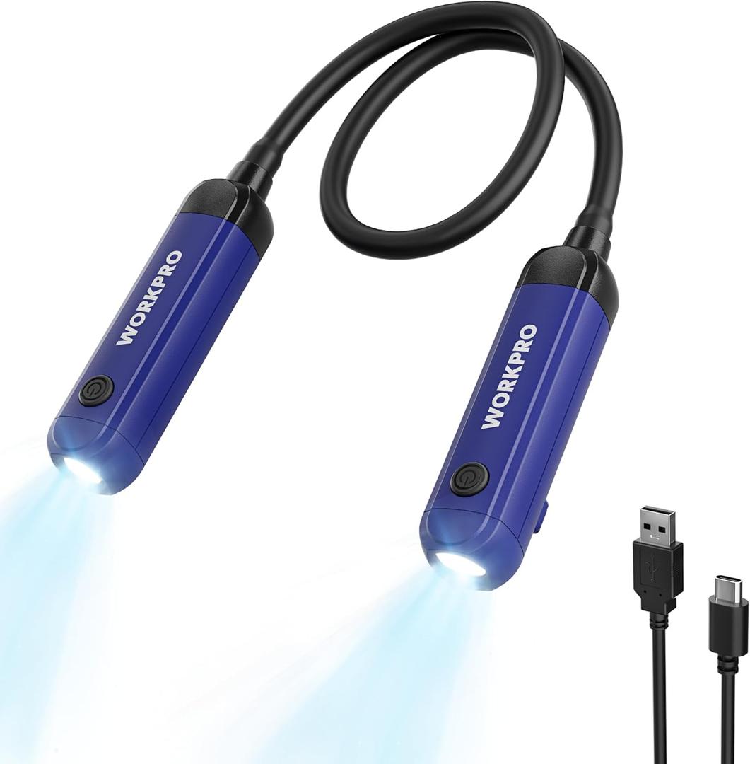 WORKPRO Rechargeable Neck Light for Hands-Free Lighting, 3 Brightness Levels 300 Lumens Neck Light, Bendable Silicone Arm, Great for Mechanics, Reading, Camping, DIY Projects, Crafting, Blue and Black
