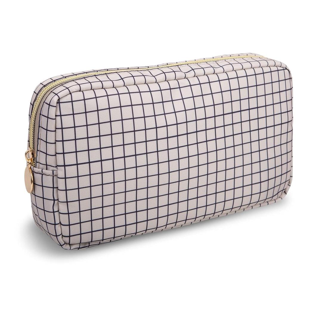 Small Makeup Bag Pouch for PurseNylon Travel Toiletry Storage Bag Preppy Checkered Cosmetic Bag for Women GirlsWaterproof Makeup Organizer Bag Pouch Skincare Bag with Zipper (Small-Checkered)