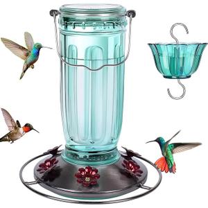 Kingsyard Glass Hummingbird Feeder for Outdoors Wild Bird Feeder with 6 Feeding Ports Hanging for Garden Yard, Green (Ant Moat Included) 2 pack