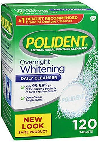 Polident Overnight Whitening, Antibacterial Denture Cleanser, Triple Mint Freshness 120 ea (Pack of 3)