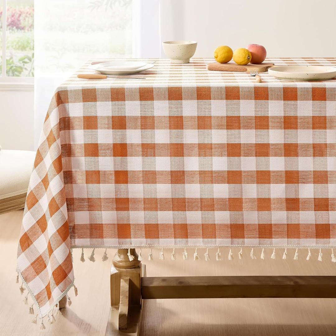 Softalker Fall Checkered Tablecloth Square, Heavy Weight Linen Cotton Gingham Thanksgiving Orange Table Cloth with Tassel, Wrinkle Free Buffalo Plaid Table Cover for Dining Party- 55 x 55 Inch
