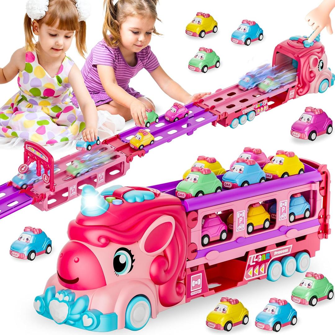 Unicorn Car Toys for 1-3 Girls, Unicorn Transport Truck Track Set W/Light & Sound, Friction Power Toy Cars W/ 6 Princess Cars, Foldable Track & Race Mode, Birthday Gift Idea for 2-4 5 6+ Toddler Kids.