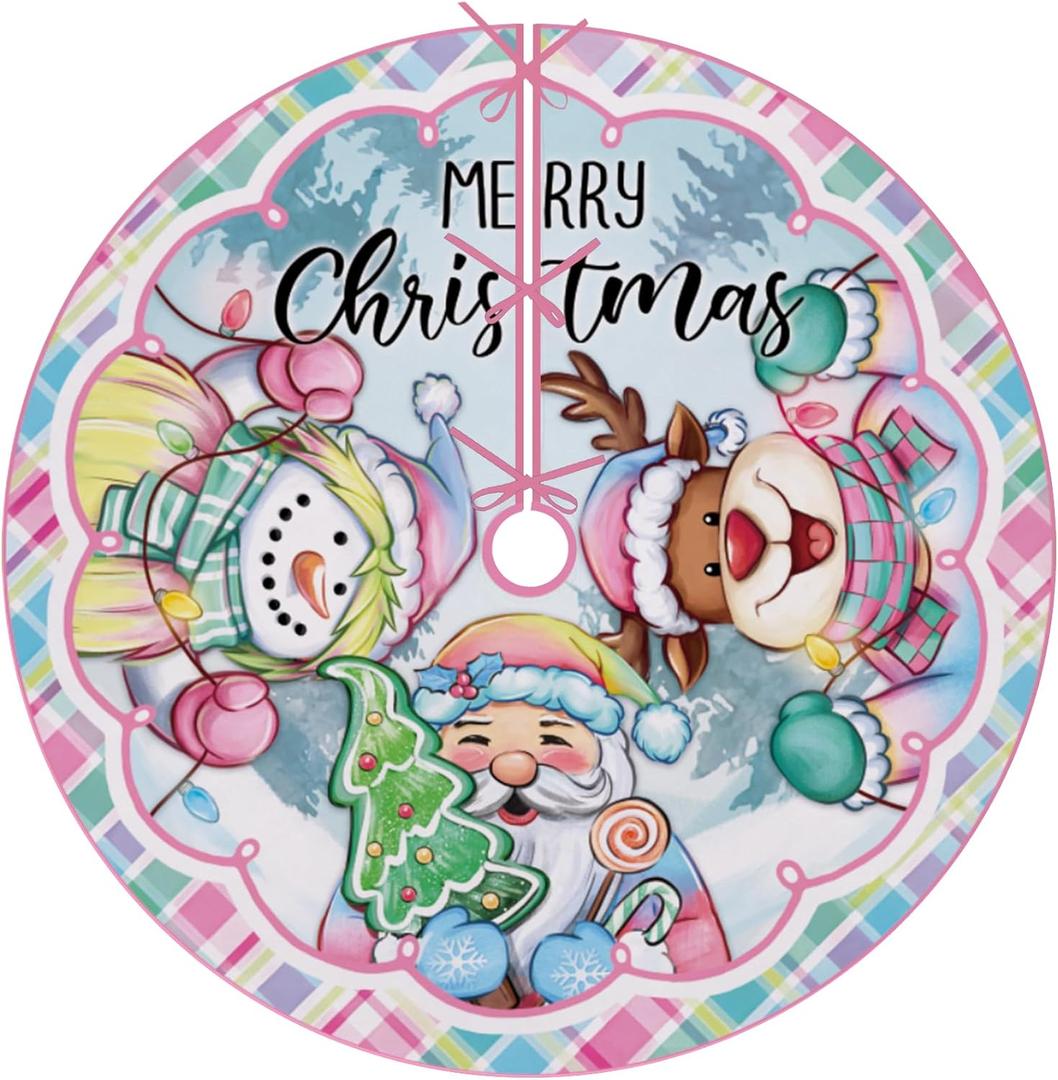 Santa Snowman Deer Pastel Christmas Tree Skirt, 24 Inches Lace-up Miniature Tabletop Colorful Xmas Tree Skirt, Funny Winter Holiday Party Mini Indoor Decoration Plaid Farmhouse Home Decor