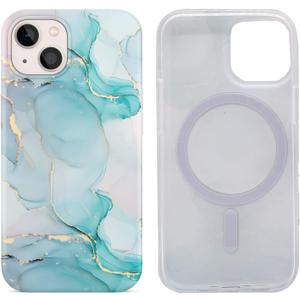 Magnetic Case for iPhone 13 and iPhone 14 6.1 inch Compatible with MagSafe Charging Soft TPU Bumper Slim Shockproof Protective Cute Cover with Screen Protector (Pastel Green Marble)