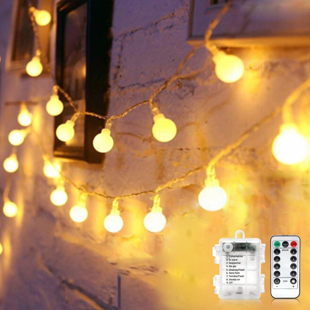 Globe String Lights Battery Operated Warm White Water proof 2 Pack 19.7FT 40 LED Globe Fairy String Light 8 Modes with Remote Control , for Home, Party, Christmas, Wedding, Garden Decoration
