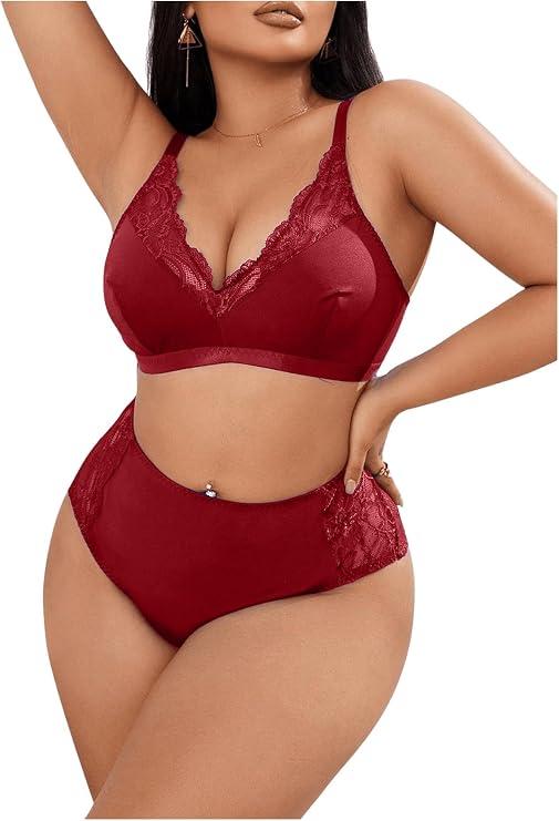 SOLY HUX Women's Plus Size Sheer Lace Lingerie Wireless Bra and Panty 2 Piece Underwear Set Pure, Red X-Large Plus