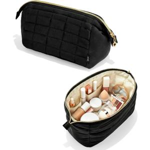 Ms. Pen- Aesthetic Quilted Makeup Bag for Women, Black, Puffy Padded Cute Makeup Bag Cute, Cosmetic Pouch, Quilted Pouch
