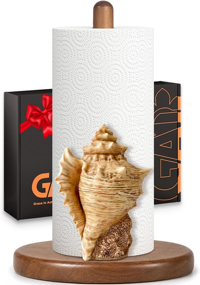 Conch Paper Towel Holder, Coastal Beach House Decor for Kitchen Bathroom Countertop, Freestanding Wooden Stand, Standard & Jumbo Rolls, Gift for Women