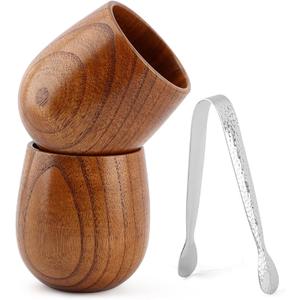 Wooden Bourbon Glasses Set, 2pack Old Fashioned Whiskey Charred Tumbler with Ice Tweezer, Drinking Glass Set Birthday Whiskey Gifts for Men, Dad or Brother Bourbon Lovers, 9oz