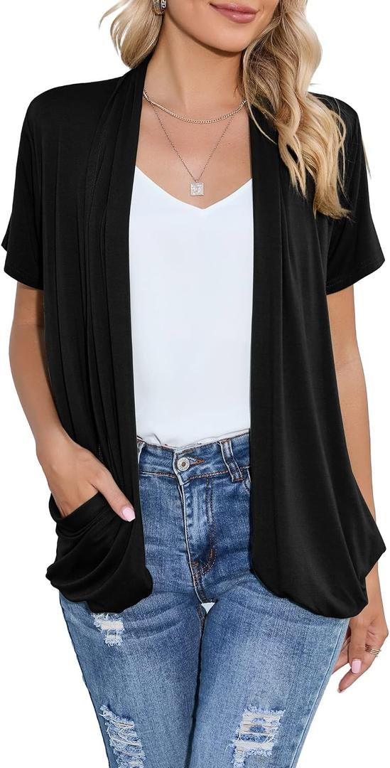 HIYIYEZI Open Front Cardigan Sweaters for Women with Pockets Lightweight Short Sleeve Ruffle Front Kimono Cardigan Duster, Large