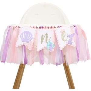Mermaid 1st Birthday High Chair Banner - Under the Sea First Birthday Party Decoration, Mermaid Theme One Party Banner, Cake Smash Photo Props for Girl