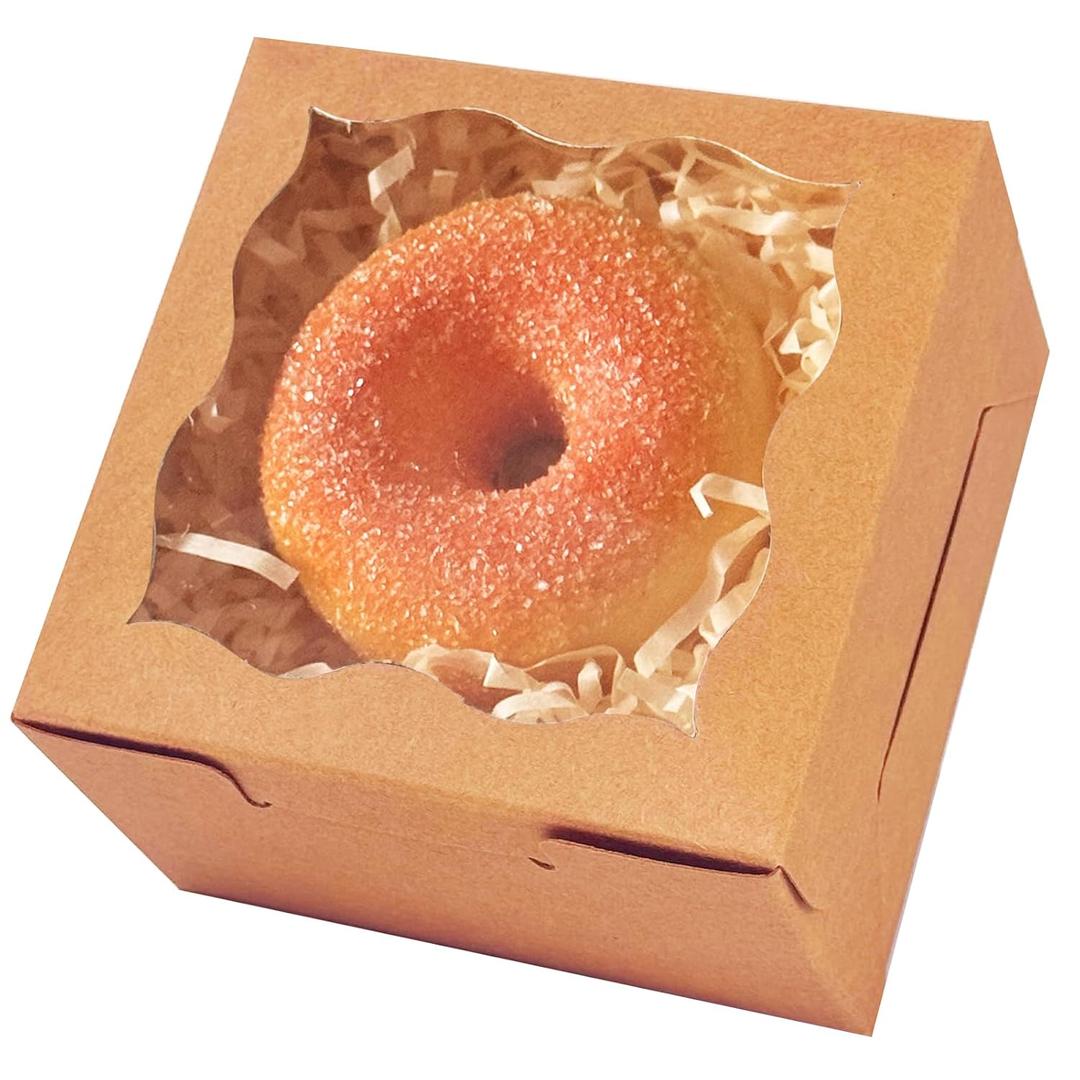Qiqee Brown Bakery Box with Window 4x4x2.5 inch 30Packs Macaron Boxes Small Donut Pastry Boxes for Party Mini Cookie Boxes